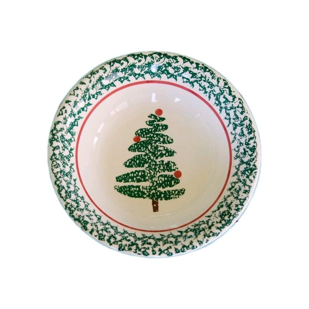 NEW Set Of 4 Furio Christmas Tree 8” Sponge Red Band Coupe Soup Bowl Italy Gift